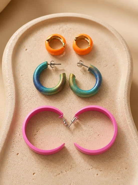 Jewelry - Colorful Hoop Earrings Bundle Orange, Iridescent & Pink 3-Pair Statement Set